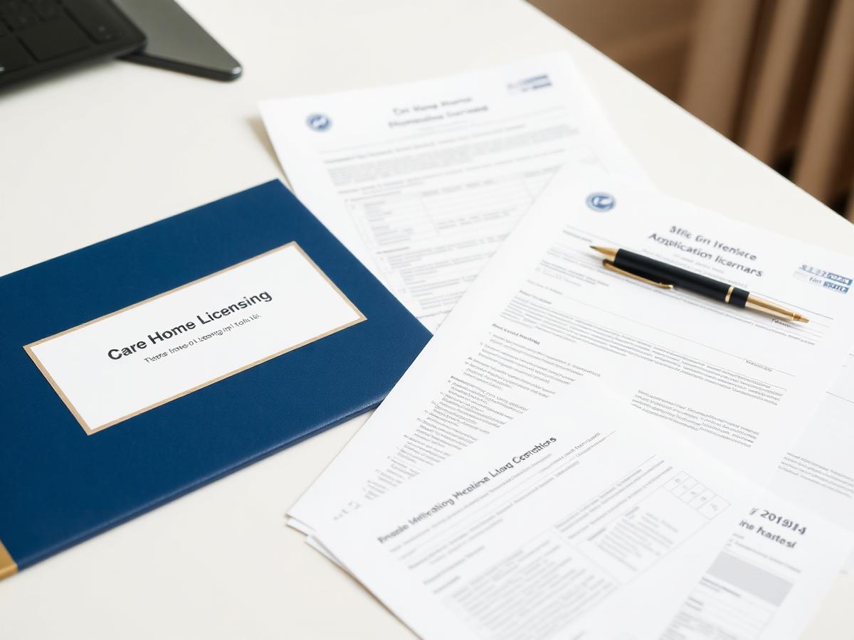 Care home licensing application documents on a desk