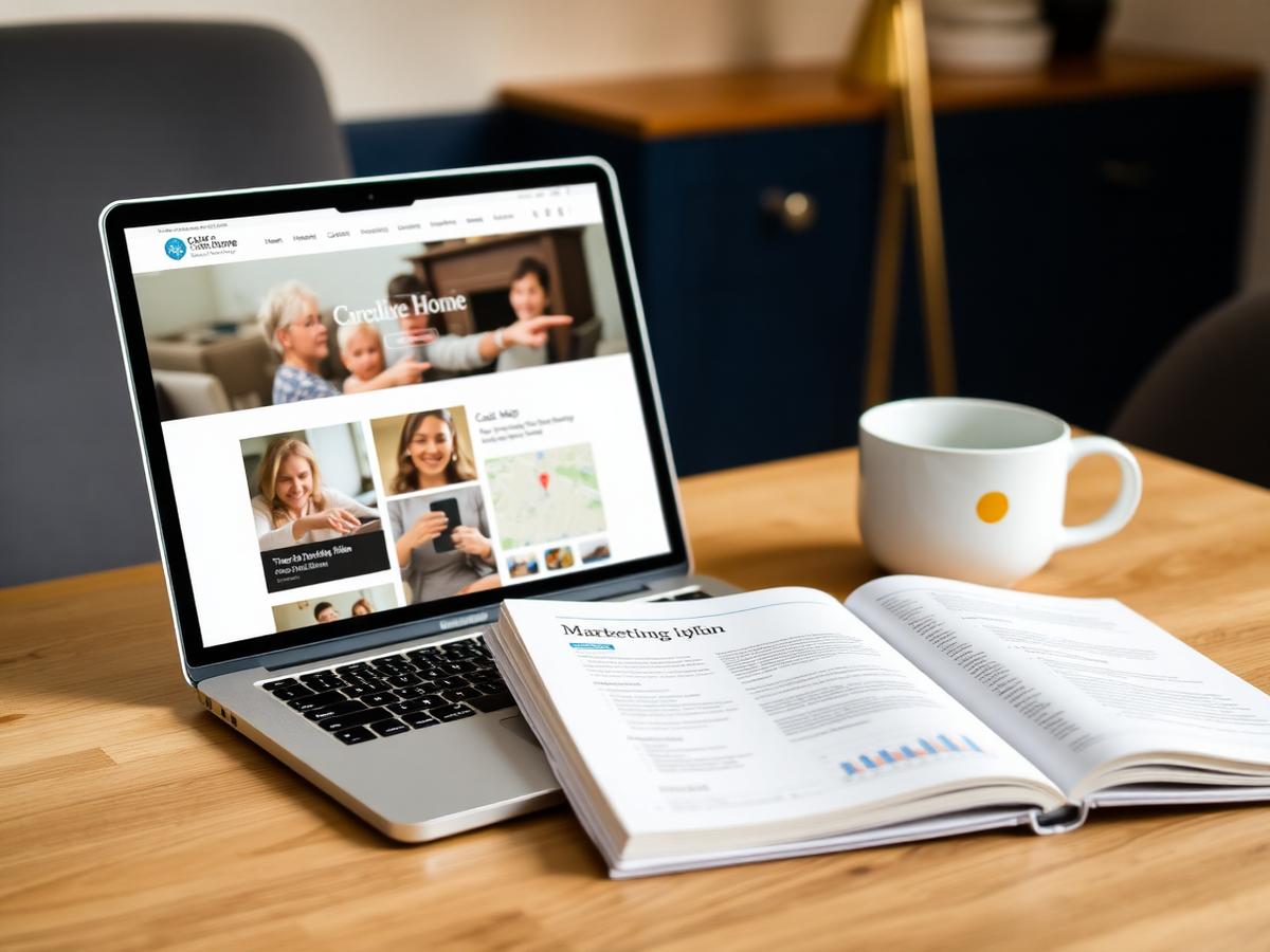 Laptop showing a care home website beside a marketing plan