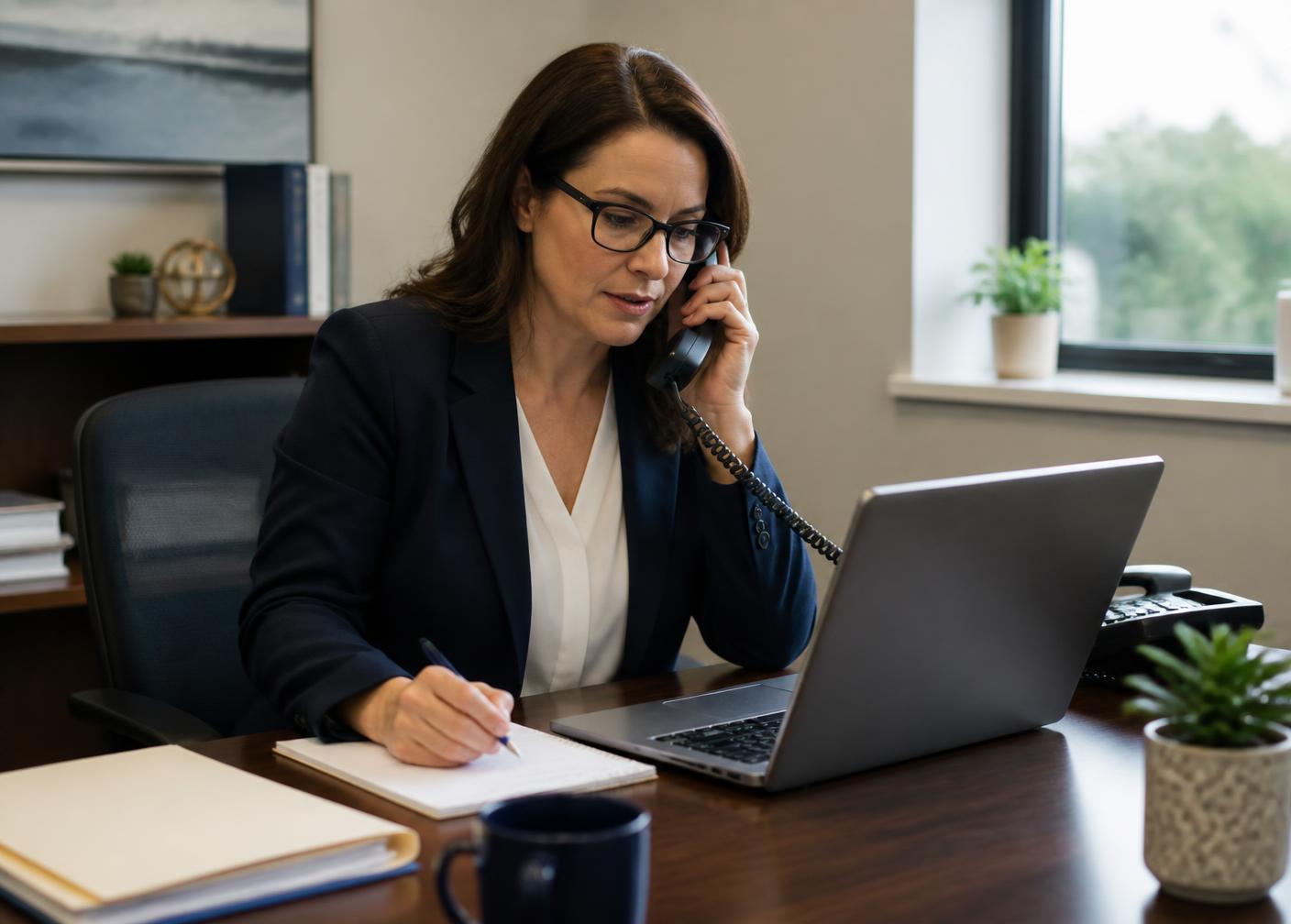 Case manager coordinating a resident placement by phone