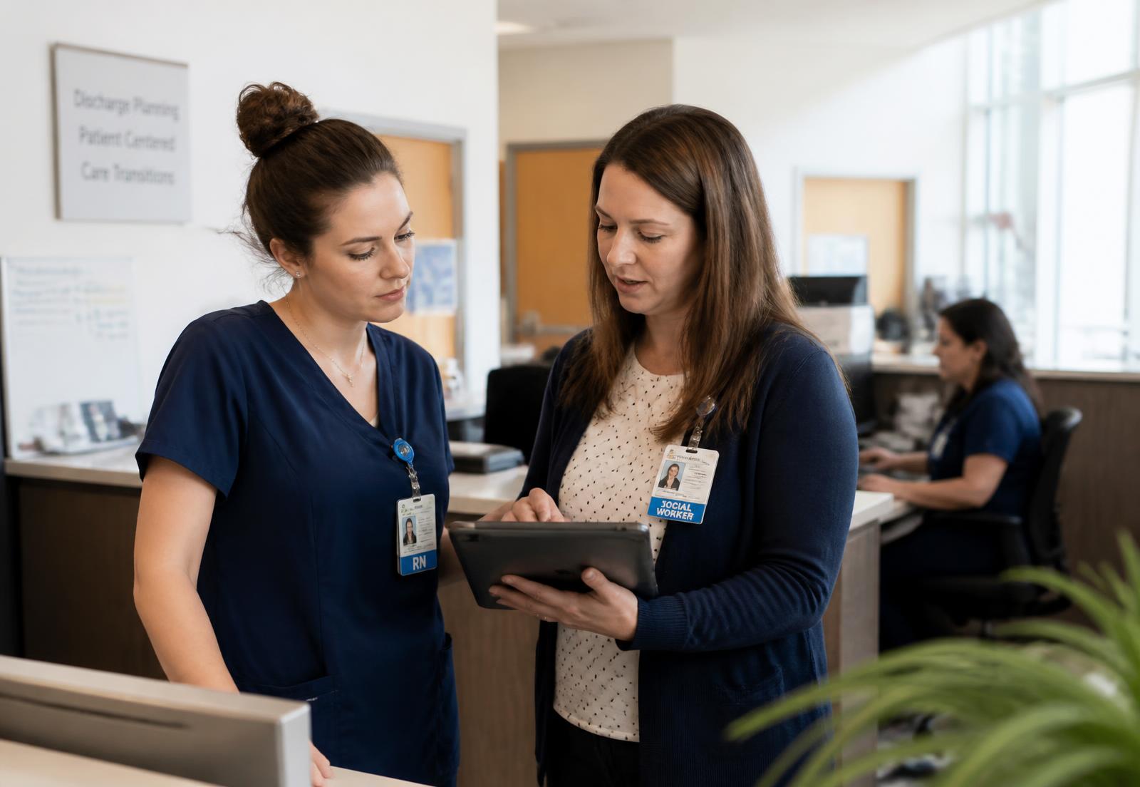 Hospital discharge nurse and social worker reviewing care placement options