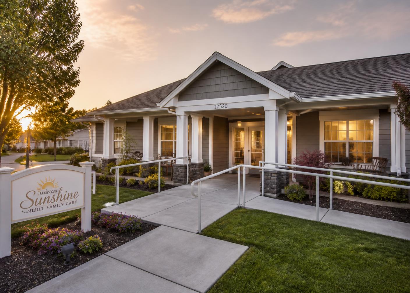 Adult family care home exterior at golden hour