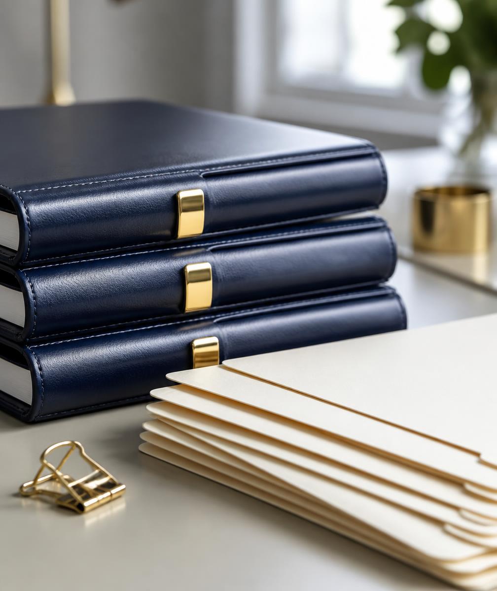 Navy binders and organized care home documentation on a desk
