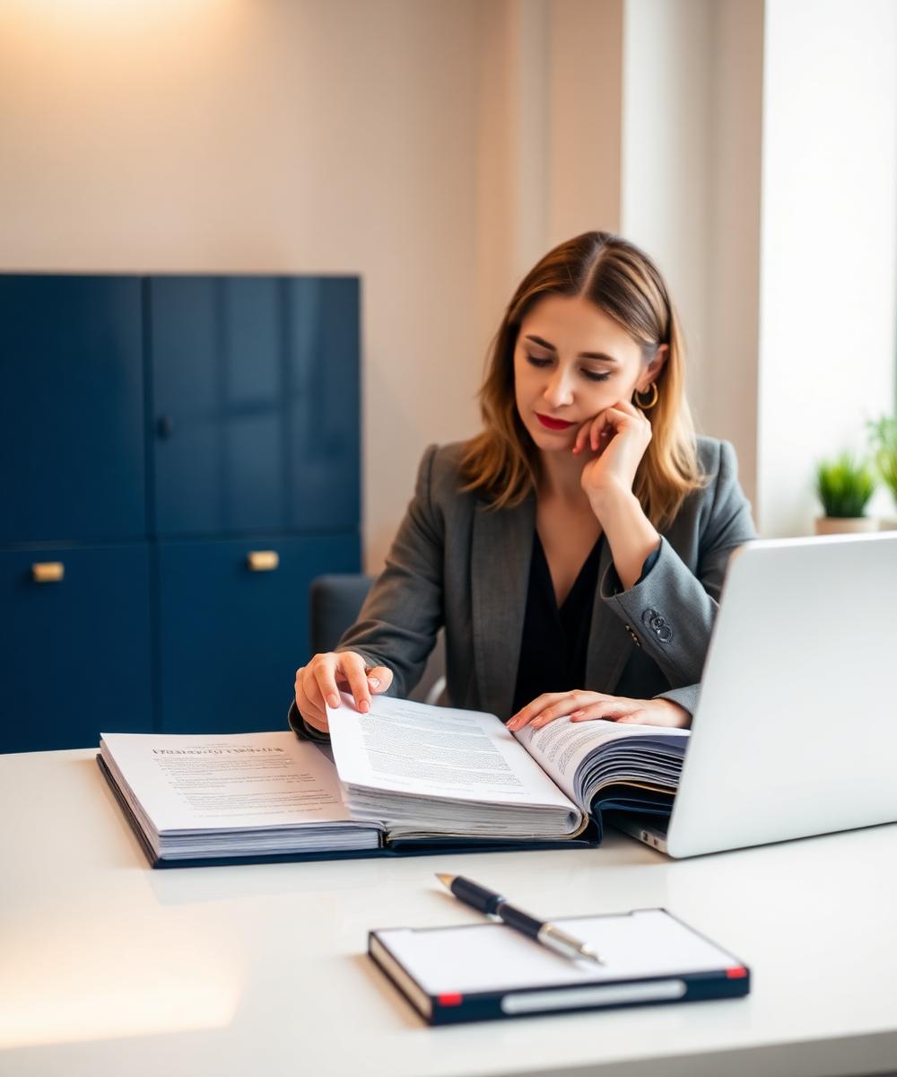 Consultant organizing care home licensing documentation at a desk
